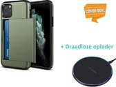Kaarthouder Case Met Slide Geschikt Voor Apple Iphone 11 Pro - Groen Met Draadloze Oplader