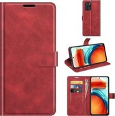 Retro Kalf Patroon Gesp Kaart Portemonnee Links en Rechts Flip Telefoon Holster met Beugel Functie Voor Xiaomi Redmi Note 10 Pro 5G/Poco X3 GT (Rood)