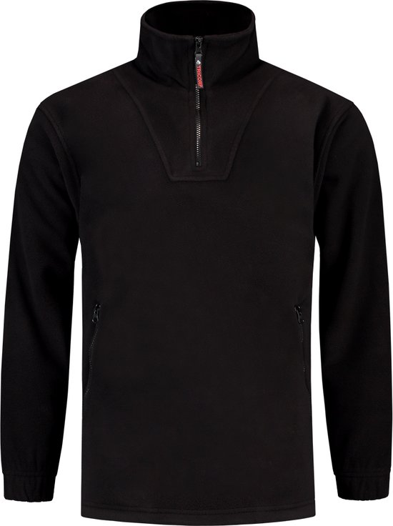 Zwarte Tricorp fleece trui met halverwege rits, rode ritsdetail en steekzakken.