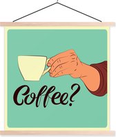 Posterhanger incl. Poster 120x120 cm - Schoolplaat - Retro - Coffee? - Spreuken - Quotes - Textielposter - Blanke latten