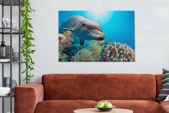Canvas schilderij 120x80 cm - Wanddecoratie Dolfijn - Zee - Koraal - Muurdecoratie woonkamer - Slaapkamer decoratie - Kamer accessoires - Schilderijen op canvas
