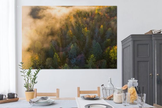 Toile Peinture Forêt - Brouillard - Coucher de Soleil - 150x100 cm - Décoration murale