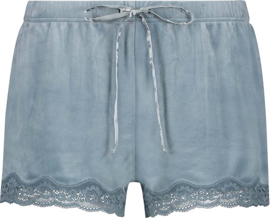 Hunkemöller Dames Nachtmode Shorts Velours Lace - Blauw - maat XL