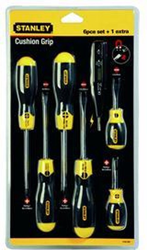 Stanley 6-Delige Cushiongrip Schroevendraaierset Standaard 5 X 100mm. 6.5 X 45mm. 6.5 X 150mm Phillips Ph1 X 75mm. Ph2 X 45mm. Ph2 X 100mm Spanningszoeker