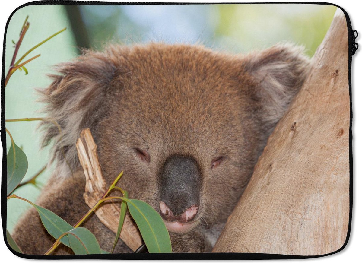 Laptophoes 14 inch - Koala - Bladeren- Grijs - Laptop sleeve - Binnenmaat 33x23 cm - Zwarte achterkant