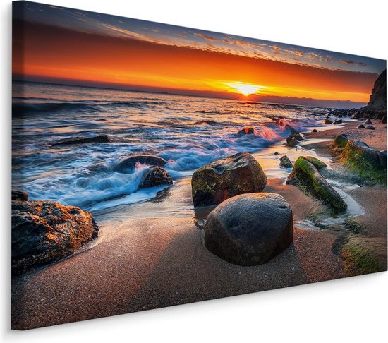 Schilderij -  Strand met rotsen met zonsondergang  Wanddecoratie Premium print