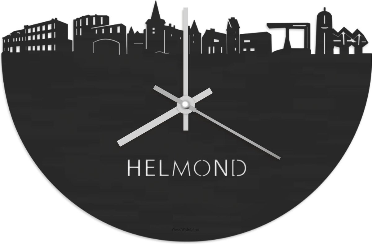 Skyline Klok Helmond Zwart hout - Ø 40 cm - Stil uurwerk - Wanddecoratie - Meer steden beschikbaar - Woonkamer idee - Woondecoratie - City Art - Steden kunst - Cadeau voor hem - Cadeau voor haar - Jubileum - Trouwerij - Housewarming - WoodWideCities