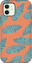 Apple iPhone 12 Mini Telefoonhoesje - Extra Stevig Hoesje - 2 lagen bescherming - Met Plantenprint - Tropische Blaadjes - Oranje