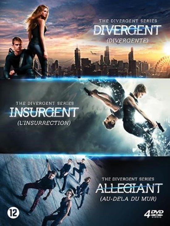 Divergent Series: Divergent, Insurgent en Allegiant op DVD. Actievolle posters met personages in diverse poses.