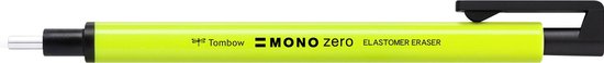 Neon gele Tombow Mono Zero gum met zwarte clip en dop. Tekst: Tombow MONO zero ELASTOMER ERASER.