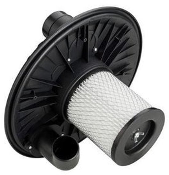 Een zwart filter met een witte vouwfilter, gemonteerd op een zwarte kunststof basis met twee buisinlaten.