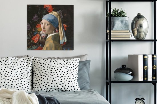 Canvas schilderij 50x50 cm - Wanddecoratie Meisje met de parel - Vermeer - Bloemen - Muurdecoratie woonkamer - Slaapkamer decoratie - Kamer accessoires - Schilderijen op canvas