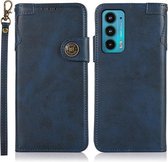 Voor Motorola Edge 20 KHAZNEH Dual-Splicing Koeienhuid Textuur Horizontale Flip Lederen Case met Houder & Kaartsleuven & Portemonnee & Fotolijst & Lanyard (Blauw)