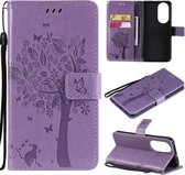 Voor Huawei P50 Boom & Kat Patroon Geperst Afdrukken Horizontale Flip PU Lederen Case met Houder & Kaartsleuven & Portemonnee & Lanyard (Lichtpaars)