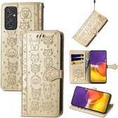 Voor Galaxy A82 5G Leuke Kat en Hond Reliëf Horizontale Flip Lederen Case met Houder & Kaartsleuven & Portemonnee & Lanyard (Goud)
