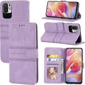 Voor Xiaomi Redmi Note 10 Reliëf Gestreepte Magnetische Gesp PU + TPU Horizontale Flip Lederen Case met Houder & Kaartsleuf & Portemonnee & Fotolijst & Sling (Paars)