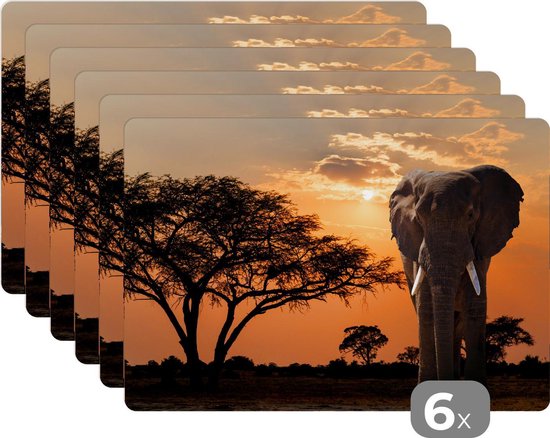 Placemat - Placemats kunststof - Olifant - Boom - Afrika - 45x30 cm - 6 stuks - Hittebestendig - Anti-Slip - Onderlegger - Afneembaar