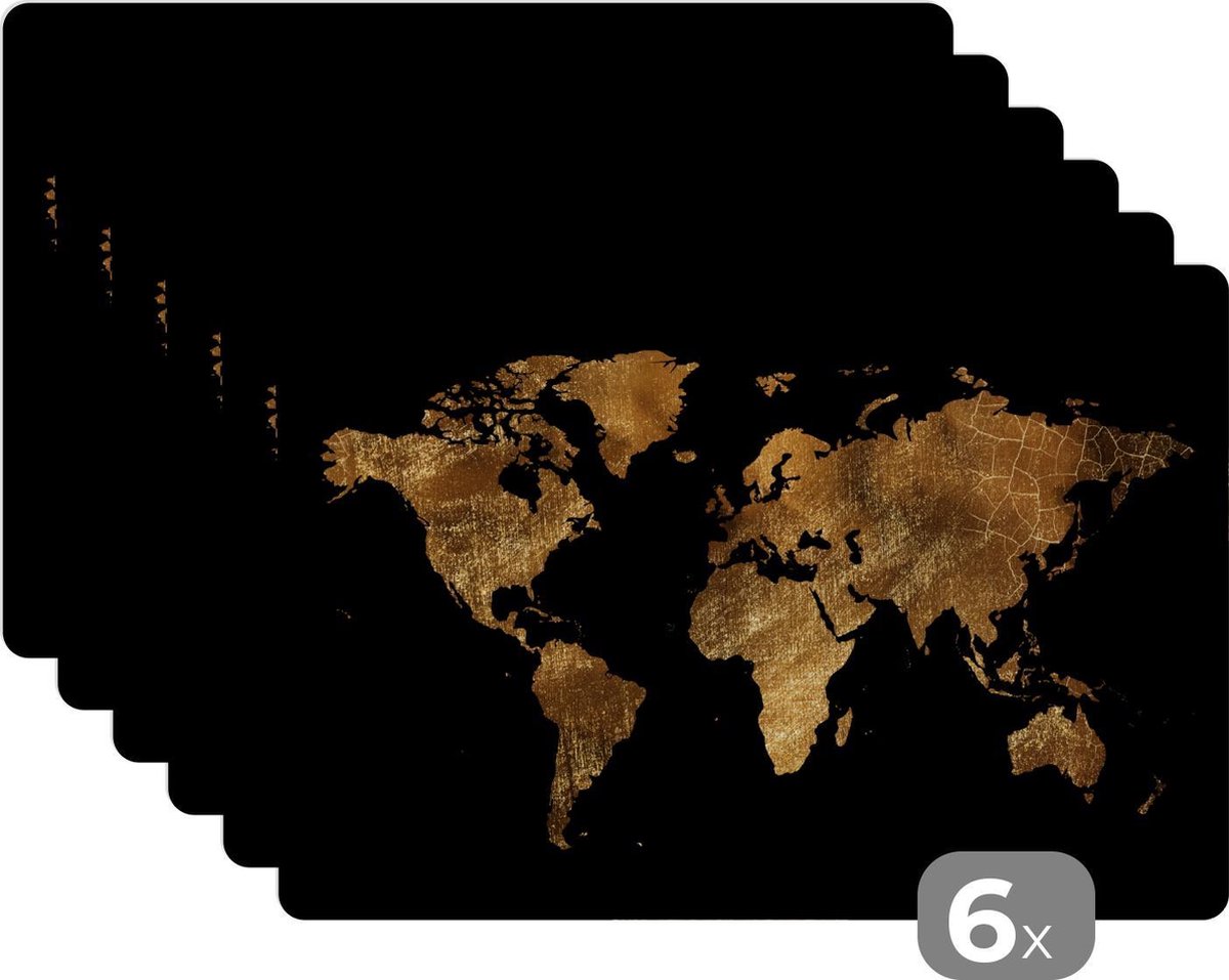 Placemat - Placemats kunststof - Wereldkaart - Goud - Luxe - Aarde - Zwart - 45x30 cm - 6 stuks - Hittebestendig - Anti-Slip - Onderlegger - Afneembaar