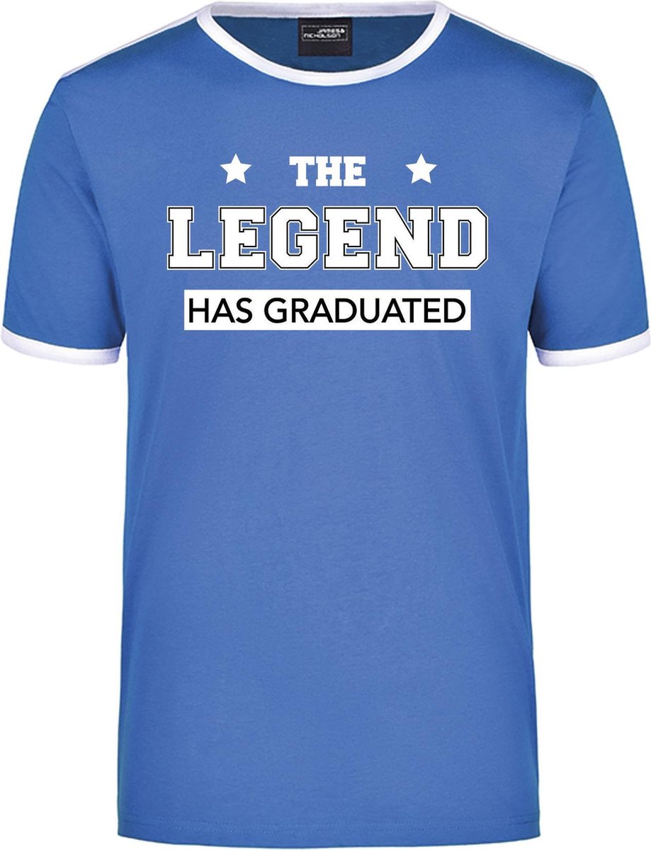 Afbeelding van product Bellatio Decorations  The legend has graduated / de legende is afgestudeerd/geslaagd blauw/wit ringer t-shirt -heren - afstuderen cadeau shirt XXL  - maat XXL