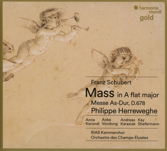 Cd-hoes van Schubert's Mass in A flat major door Philippe Herreweghe, met twee cherubijnen in bruine inktstijl.