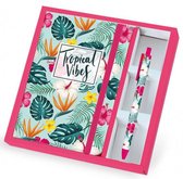 notitieboek met pen Tropical A5 groen/roze 2-delig