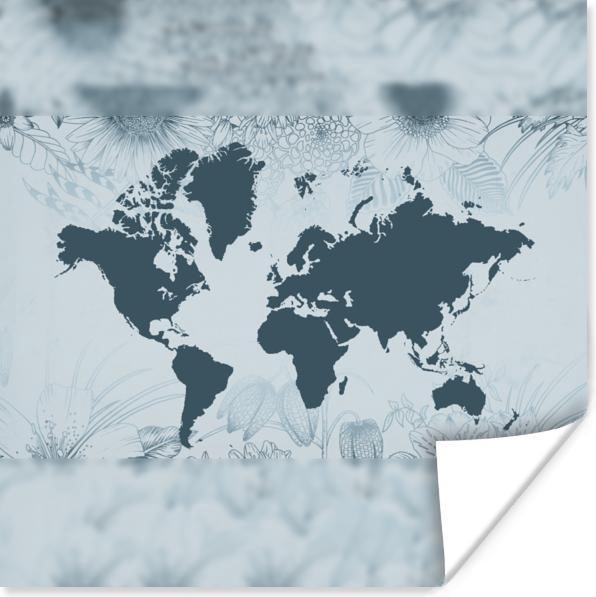 Afbeelding van product PosterMonkey  Poster Wereldkaart - Planten - Blauw - 30x30 cm