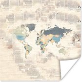 Poster Wereldkaart - Kleuren - Krantenpapier - 75x75 cm