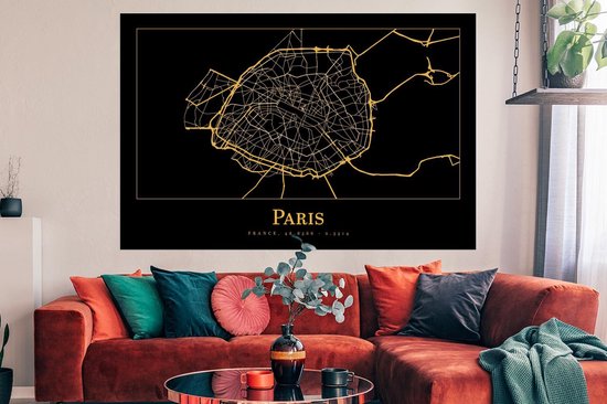 Poster Kaart - Parijs - Zwart - Goud - 180x120 cm XXL