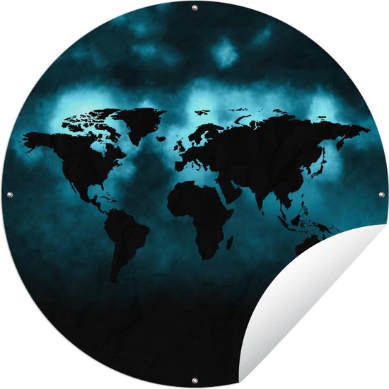 Tuincirkel Wereldkaart - Zwart - Blauw - 60x60 cm - Ronde Tuinposter - Buiten