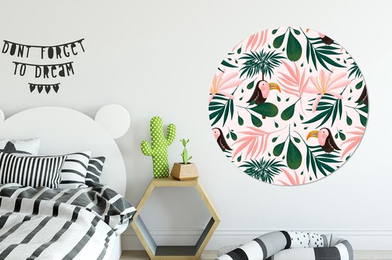 WallCircle - Cercle Mural - Cercle Mural - Toucan - Feuilles - Rose - Aluminium - Dibond - 120x120 cm - Intérieur et Extérieur XXL
