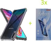 Hoesje Geschikt voor: Samsug Galaxy A70 - Anti Shock Silicone Bumper - Transparant + 3X Tempered Glass Screenprotector