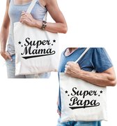 Super papa en Super mama tasje - Cadeau boodschappentasjes set voor Papa en Mama - Moederdag en Vaderdag cadeautje