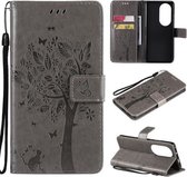 Voor Huawei P50 Pro Boom & Kat Patroon Geperst Afdrukken Horizontale Flip PU Lederen Case met Houder & Kaartsleuven & Portemonnee & Lanyard (Grijs)