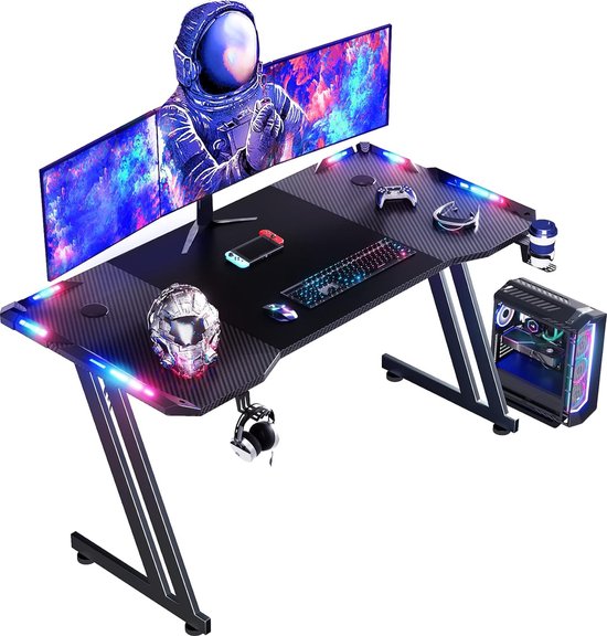 XMTECH 120 x 60 cm gamingtafel, Z-frame gamingbureau met RGB-led, computertafel met koolstofvezeloppervlak, ergonomische pc-tafel met hoofdtelefoonhaak en bekerhouder, zwart rood