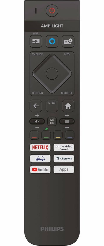 Zwarte Philips Ambilight afstandsbediening met Netflix, Prime Video en Disney+ knoppen.