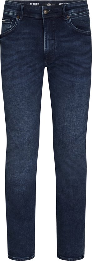 Gedetailleerde voorkant van een donkerblauwe, slimfit jeans met zes zakken en knoopsluiting.