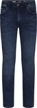 Gedetailleerde voorkant van een donkerblauwe, slimfit jeans met zes zakken en knoopsluiting.