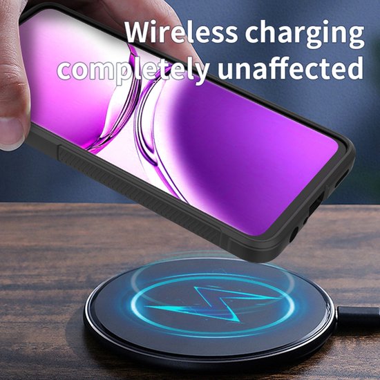 Telefoonhoesje geplaatst op een draadloze oplader, om te tonen dat opladen mogelijk is.