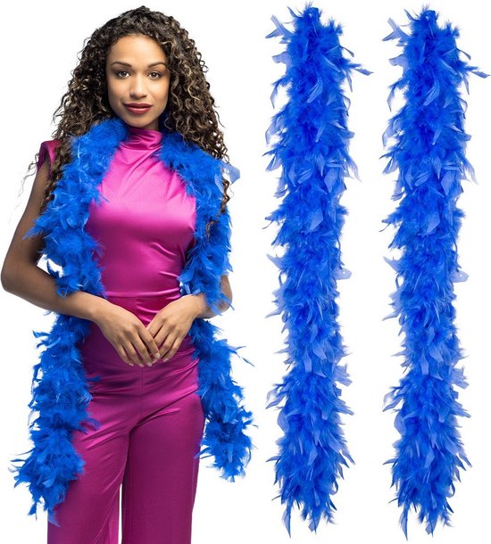 Boland Carnaval verkleed boa met veren - 2x - blauw - 180 cm - 50 gram - Glitter and Glamour - verkleed accessoires