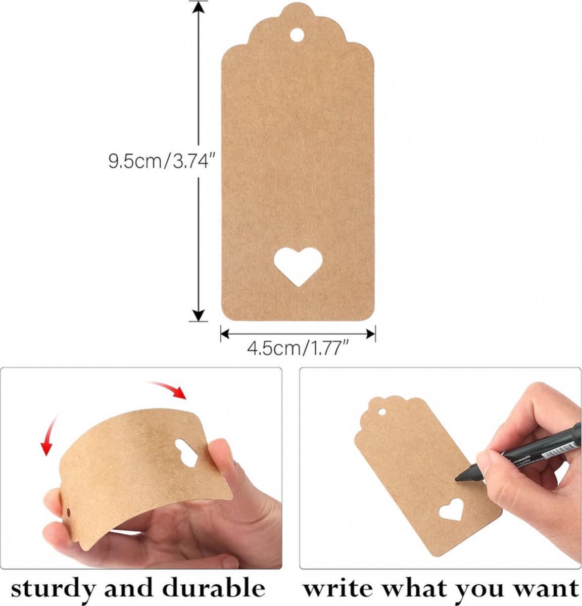 100x Kraft Karton Labels - Met 100 Jute Touw - Cadeaulabels - 9.5 x 4.5 CM - Hart - Beschrijfbaar - Kartonnen Cadeaulabels - Kraftpapier Naamkaartjes - Blanco Prijskaartjes - Gift Tags - Multifunctioneel Label - Dik & Stevig — cadeau in Cadeau-ideeën - foto 3