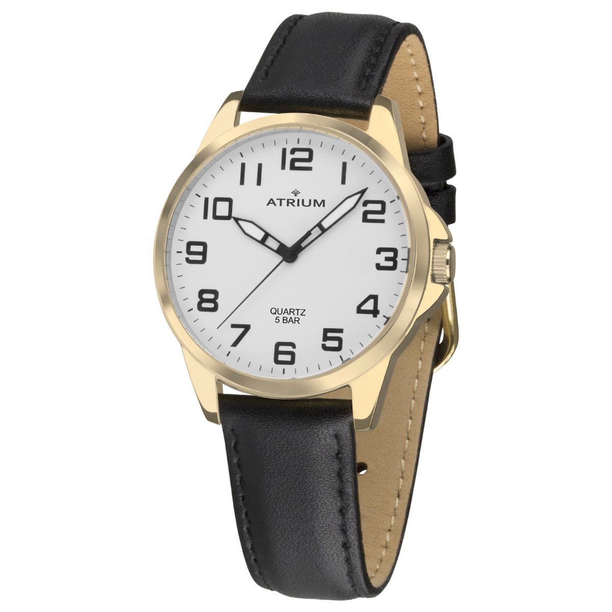 ATRIUM Horloge - Heren - Analoog - Goudkleurig - Zwart Leder - Verstelbare Band (16-21 cm) - 5 Bar - Duidelijk - Ø 38mm - Quartz - A48-20
