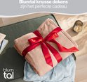 Oud roze Blumtal fleecedeken met een rood strikje, gepresenteerd als cadeau.