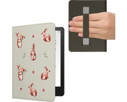 kwmobile e-reader hoesje geschikt voor Amazon Kindle Paperwhite 11. Generation 2021 hoes - E reader flip case met magneetsluiting - Ereader cover - Konijntjes en Bloemen design in wit / bruin / lichtroze