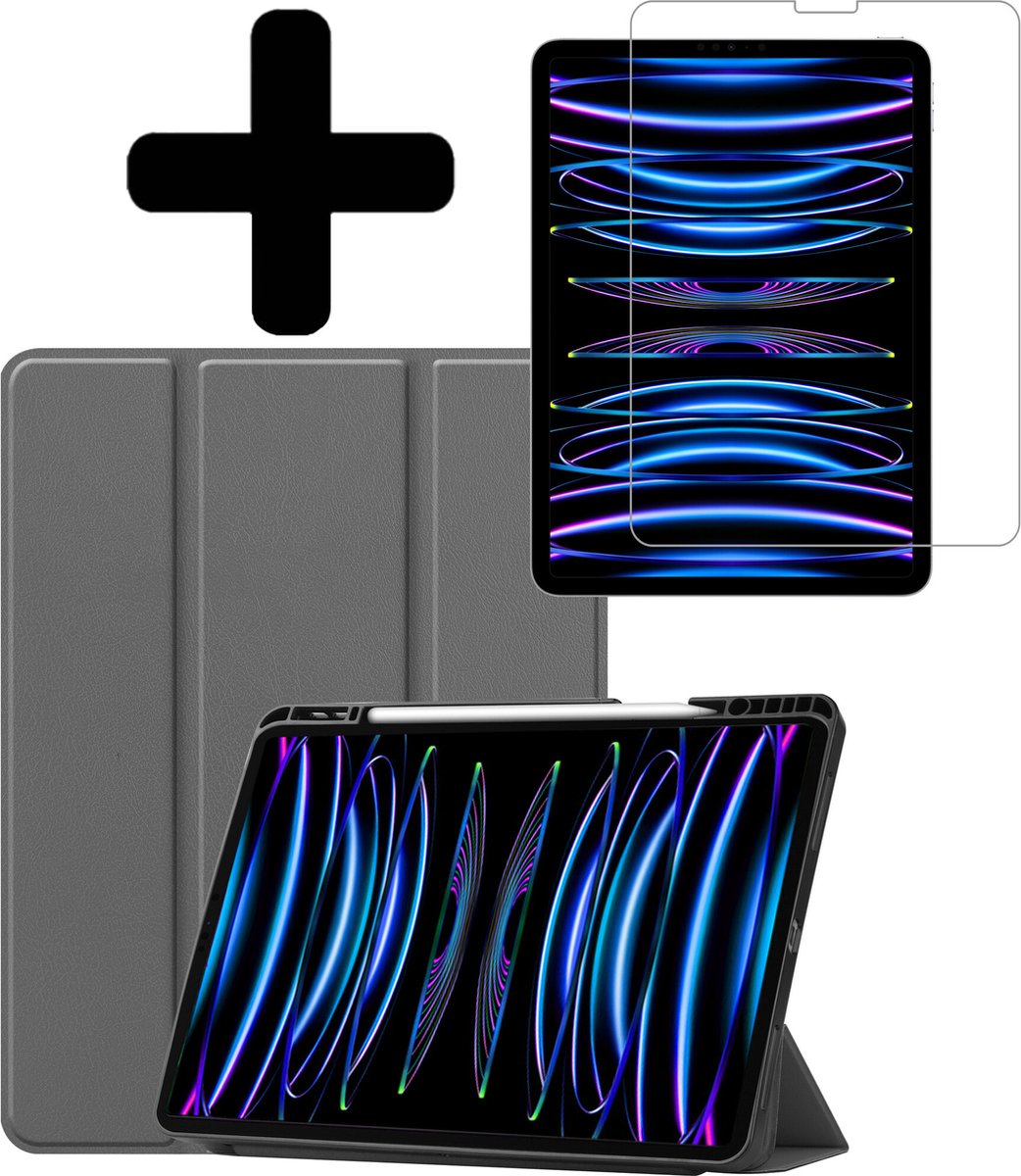 Hoes - Geschikt voor Apple iPad Pro (2022) - 12.9 inch - Met Screenprotector - Trifold Bookcase - Hard Cover Case - Met Uitsparing Geschikt voor Apple Pencil - Hardcover Book - Tablet Hoesje - Grijs