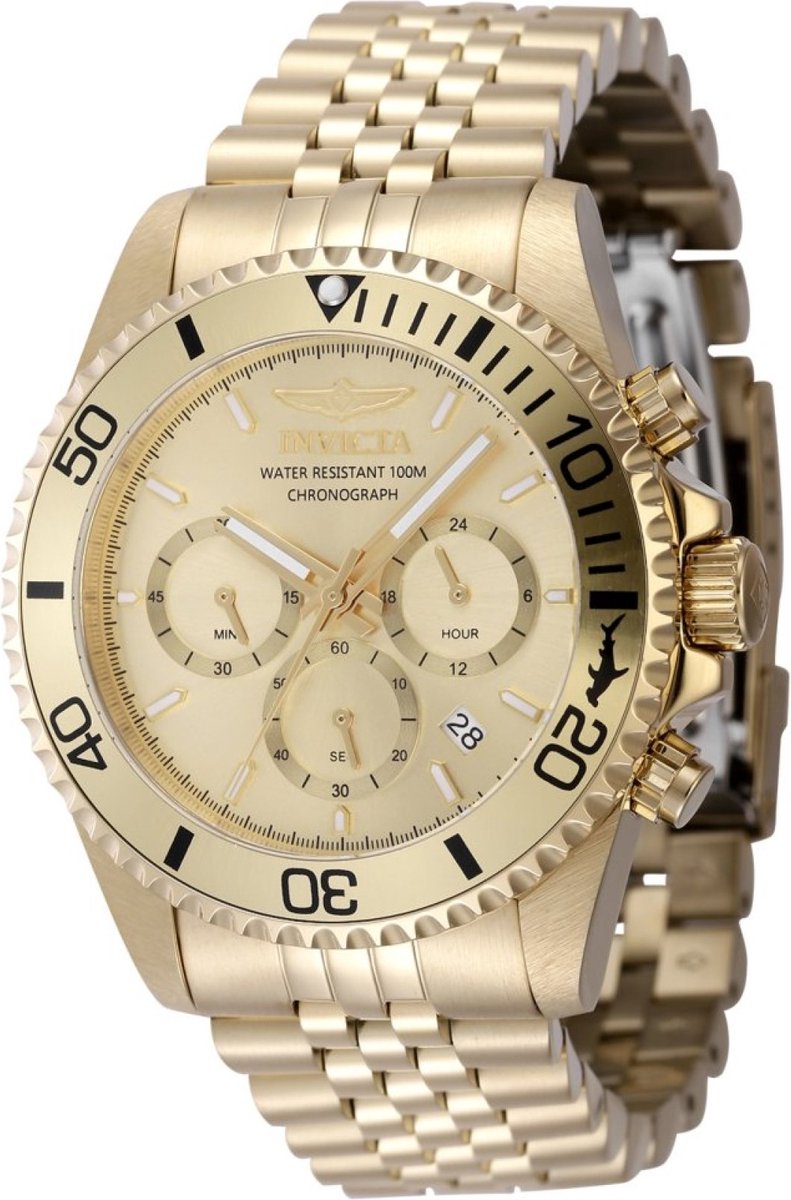 Invicta Pro Diver 48382 Heren Horloge - Waterdicht - Analoog - Quartz Uurwerk - Roestvrij Staal met gouden Wijzerplaat - 43mm