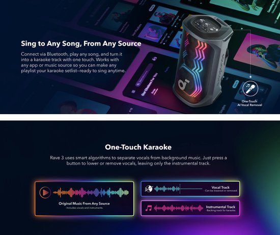 NEW Soundcore Rave 3 - AI Vocale Verwijdering Disclaimer - One Touch Karaoke Partybox Speaker - Next Level Feestgeluid met met Guitar / Wired Microphone Connection - Zwart van Anker — afbeelding 2