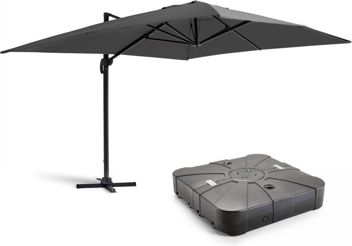 Stylish 3x4m Oviala parasol in grey with wheeled weight base.