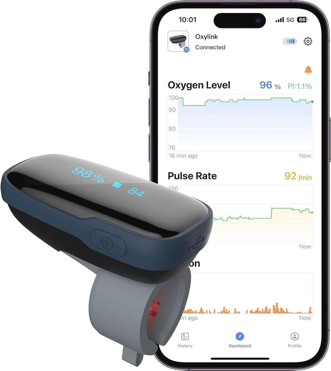 Zuurstofverzadigingsmonitor met Bluetooth - Draadloze SpO2 en Polsslag Tracker voor Volwassenen - Oplaadbaar met Audioherinneringen en Gratis App