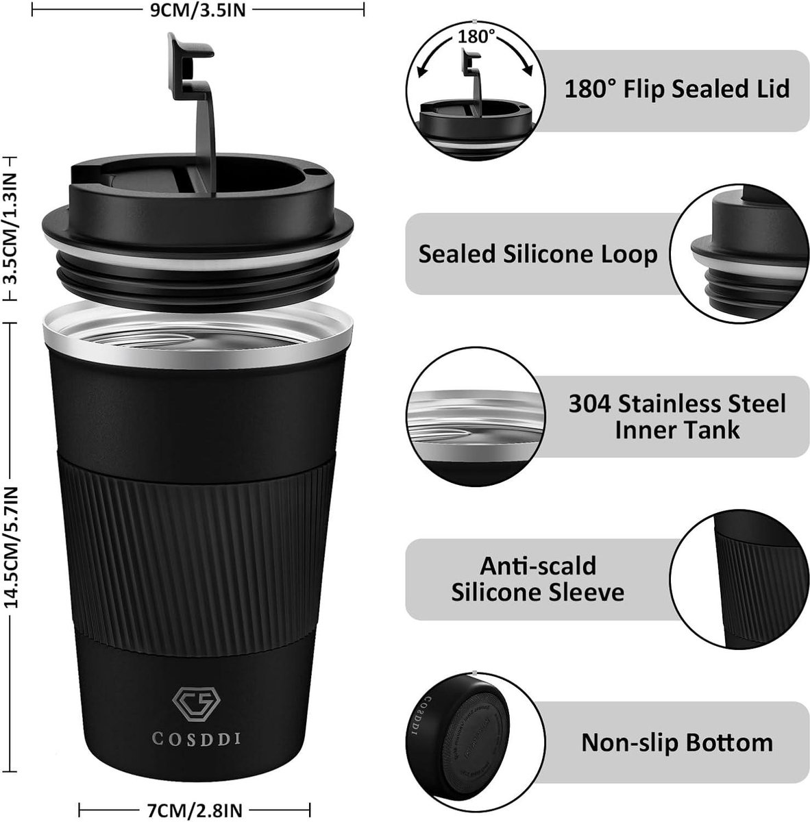 Geïsoleerde thermische reisbeker voor onderweg - herbruikbare koffiebeker voor auto - roestvrijstalen beker voor koffie water thee - 380 ml (zwart-A) — cadeau in Koken & Dineren - foto 7