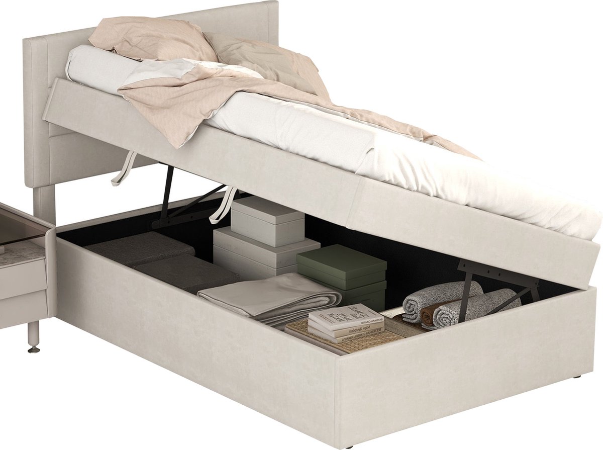 Merax Bed met Hydraulische Opbergruimte 90x200 cm - Eenpersoonsbed met Lattenbodem en Beige Linnen Bekleding - Zonder Matras
